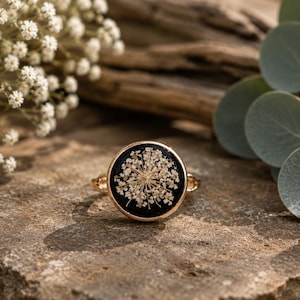 May include: A gold-toned ring featuring a circular setting with a black background. Encased within the setting is a delicate, dried white Queen Anne's lace flower head. The ring band is thin and metallic, complementing the circular floral centrepiece.