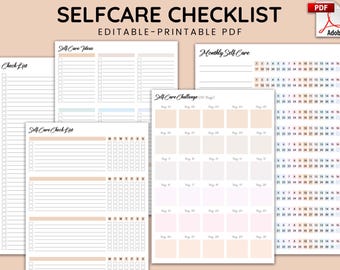 May include: Printable self-care checklist PDF with a checklist, monthly self-care calendar, and a 30-day self-care challenge. The checklist includes sections for self-care ideas and a check list. The monthly self-care calendar has a grid with numbers 1-31. The 30-day self-care challenge has a grid with 30 squares.