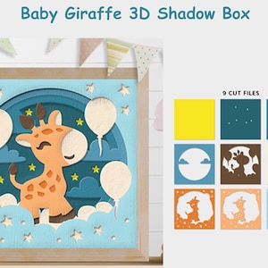 Caixa de sombra de girafa 3D, caixa de sombra de berçário, arquivos para Cricut e Silhouette, caixa de sombra de bebê svg, caixa de sombra de bebê svg pacote de alegria
