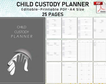 Peut inclure: Un planificateur de garde d'enfants imprimable au format PDF. La couverture présente un fond gris avec le texte "CHILD CUSTODY PLANNER" et une image stylisée de deux mains. Le planificateur est modifiable et comprend 25 pages.