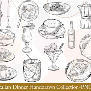 Italian dinner hand drawn collection,Italian Clipart,Italy Clipart,Italian Food,Italian Wedding,Watercolor Lemon,Pizza Pasta,Hand-Drawn food