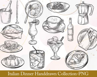 Italian dinner hand drawn collection,Italian Clipart,Italy Clipart,Italian Food,Italian Wedding,Watercolor Lemon,Pizza Pasta,Hand-Drawn food