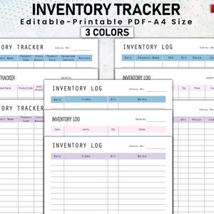 Puede incluir: Plantillas imprimibles de seguimiento y registro de inventario en tres colores: azul, rosa y morado. Los documentos PDF-A4 incluyen campos para el nombre del producto, el código, el stock y el beneficio. Las plantillas están diseñadas para una fácil edición e impresión.