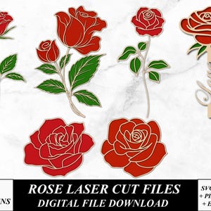 Arquivo Svg de corte a laser de duas camadas de rosas, arquivos vetoriais de Natal, arte de corte a laser de flores de rosas em madeira, acrílico de madeira Svg para dia dos namorados