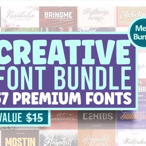 May include: A purple and light blue banner with the text "CREATIVE FONT BUNDLE 57 PREMIUM FONTS VALUE $15" in white. The banner is surrounded by a collage of colorful font samples.