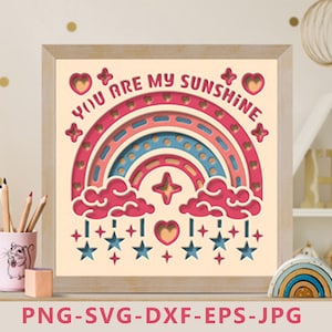 Boîte d'ombre 3D arc-en-ciel né bébé, boîte d'ombre de naissance de bébé, cadeau pour bébé, nom personnalisé SVG, SVG multicouche, modèle Papercut, Cricut 3D, Svg arc-en-ciel