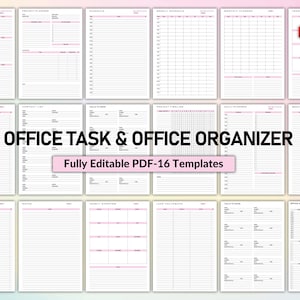 Puede incluir: Un conjunto de 16 plantillas de tareas y organizadores de oficina imprimibles en formato PDF. Las plantillas son totalmente editables e incluyen una variedad de diseños para tareas, horarios, contactos y más.