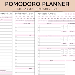 Peut inclure: Un planificateur Pomodoro imprimable avec des sections pour le niveau de productivité, le suivi des tâches, la tâche principale, les pauses et les notes. Le planificateur comprend un calendrier, un suivi de 25 minutes et un espace pour la cible, le réel et le temps.
