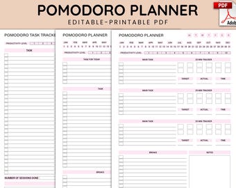 Könnte beinhalten: Ein druckbarer Pomodoro-Planer mit Abschnitten für Produktivitätslevel, Aufgabenverfolgung, Hauptaufgabe, Pausen und Notizen. Der Planer enthält einen Kalender, einen 25-Minuten-Tracker und Platz für Ziel, Ist und Zeit.