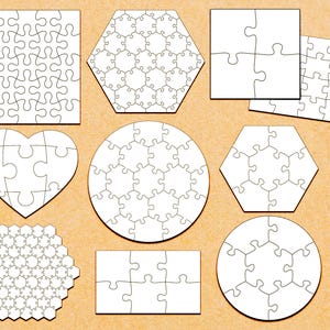 Pode incluir: Um conjunto de dez modelos de quebra-cabeças cortados a laser em várias formas, incluindo um quadrado, um hexágono, um coração, um círculo e muito mais. Os modelos são brancos e têm um design de quebra-cabeças.