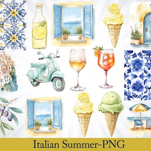 Verano italiano png, clipart de verano italiano, clipart de verano, ilustraciones de pueblos costeros, Grecia, Italia, descarga digital instantánea, uso comercial