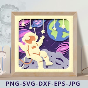 Caixa de sombra 3D de astronauta SVG, Caixa de sombra 3D de astronauta SVG, Caixa de luz de astronauta SVG, Arte em papel cartão em camadas, Modelo de caixa de sombra