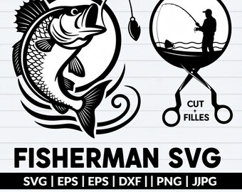 Fisherman Catching Fish Svg, Bass Jumping Out Of Water Svg, EPS, PNG, Fishing Svg, Cricut, Clipart, Funny Fishing, Father's Day, Cut File.