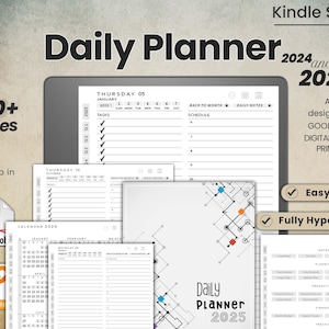 May include: A digital daily planner for 2024 and 2025, designed for use with Kindle Scribe, Good Notes, and other digital note-taking apps. The planner features a black and white design with a geometric pattern on the cover. The planner is also printable.