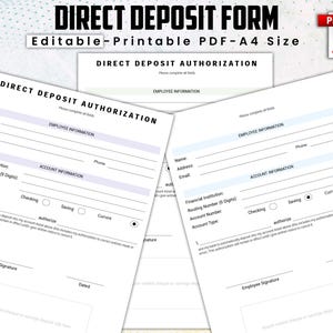 Op de afbeelding: Een printbaar direct deposit autorisatieformulier met velden voor werknemersinformatie, rekeninginformatie en autorisatie. Het formulier is bewerkbaar en kan worden afgedrukt in A4-formaat.