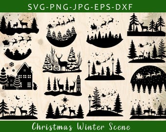 May include: A set of 10 black and white silhouette images of winter scenes featuring deer, trees, houses, and stars. The images are perfect for creating Christmas cards, invitations, or other holiday crafts.