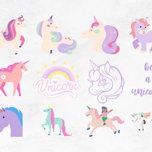 以下が含まれることがあります： 虹、女の子が乗っているユニコーン、そして「be a unicorn」というテキストを含む、10個のカラフルなユニコーンのイラストのセットです。