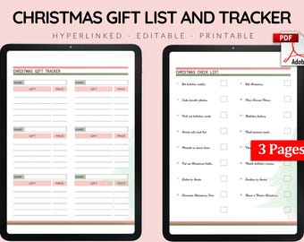 Może przedstawiać: Drukowalna lista prezentów świątecznych i tracker w różowo-zielonej kolorystyce. Tracker zawiera kolumny z nazwą, prezentem i ceną. Lista kontrolna zawiera zadania takie jak zakup świątecznych artykułów, robienie zdjęć rodzinnych i wysyłanie kartek świątecznych.