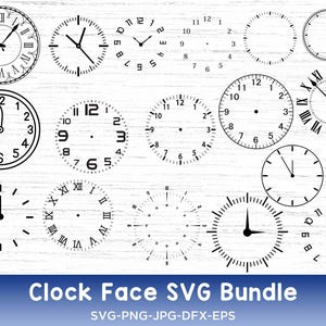 Puede incluir: Un conjunto de 12 diseños de esfera de reloj SVG en blanco y negro. Las esferas de reloj son de varios estilos, incluyendo números romanos, números arábigos y minimalistas.