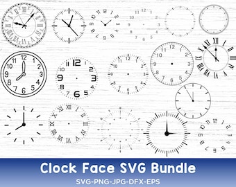 May include: A set of 12 black and white clock face SVG designs. The clock faces are in various styles, including Roman numeral, Arabic numeral, and minimalist.