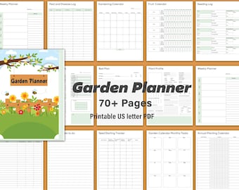 May include: A printable garden planner with 70+ pages, featuring a colorful cover with a garden scene and the text "Garden Planner". The planner includes sections for weekly planning, pest and disease logs, gardening calendars, fruit calendars, seeding logs, bed plans, plant profiles, seed starting trackers, monthly garden calendar tasks, and annual planting calendars.