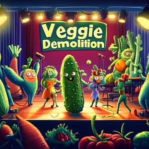 May include: A whimsical illustration of a stage show titled "Veggie Demolition." Animated vegetables, including cucumbers, carrots, and celery, are depicted as performers. The stage is lit with spotlights, and the background is a deep blue.
