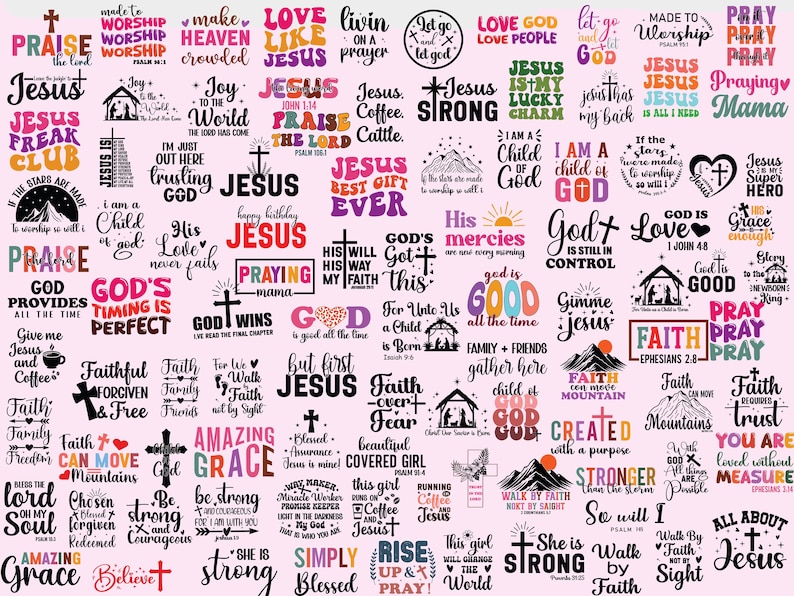 May include: A collection of colorful Christian-themed graphics with various phrases and words like "Jesus," "Faith," and "Pray." The designs include crosses, mountains, and inspirational quotes, all set against a light pink background.