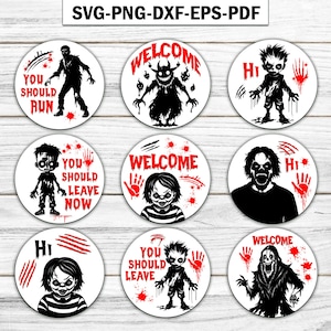 Horror Characters Door Sign Svg, Halloween Door Hanger Svg, Wooden Door Hanger, Halloween Bundle, Halloween Welcome Sign Svg,Laser File Svg.