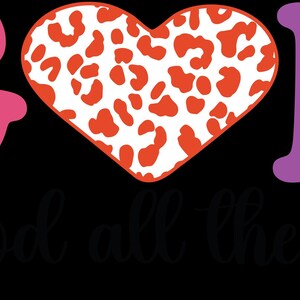 May include: A graphic design on a black background. The word "GOD" is displayed in pink and purple, with a heart-shaped design in the center featuring a white background with orange leopard spots. The phrase "is good all the time" is written in cursive.