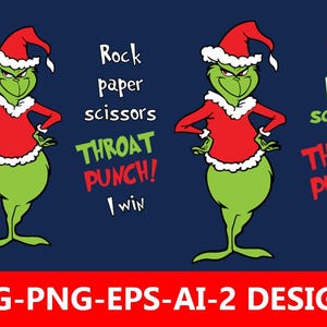 May include: Two green cartoon characters wearing red Santa-style outfits with the text "Rock paper scissors THROAT PUNCH! I win" on a navy blue background. The bottom banner reads "SVG-PNG-EPS-AI-2 DESIGNS".