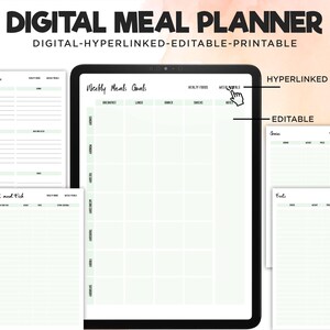 Può includere: Un planner di pasti digitale con una sezione per gli obiettivi settimanali dei pasti, una sezione per cibi sani e una sezione per carne e pesce. Il planner è modificabile e ha pulsanti con collegamento ipertestuale.