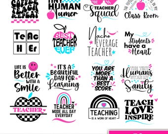 Op de afbeelding: Een set van 30 SVG-ontwerpen met een leraarsthema. De ontwerpen bevatten verschillende zinnen en afbeeldingen, waaronder koffiebekers, appels, regenbogen en de woorden "Teacher Squad", "Best Teacher Ever" en "Life is Better with a Smile".