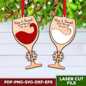 Wine Glass Ornament Svg, Wine Charms Svg, Glowforge, Svg Laser-Ready Cut Files, Christmas Tree Decor, Wine Car Charms Svg, Gift For Friends.