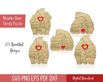 Wooden Bear Family Puzzle SVG Laser Cut File, Family Gift Puzzle Laser Cut Files, Love SVG Design, Cute Family, Mum Day Gift.