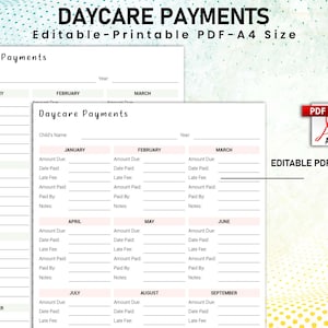 デイケアの支払いテンプレート、デイケアの支払いトラッカー、チャイルドケアの支払いログ、デイケアの請求書テンプレート、デイケアの支払いスケジュール、チャイルドケア