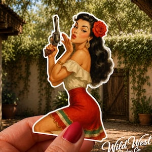 Vintage Pinup Sticker, Kisses! Bombshell Beauty Decal, Gun Safe Sticker, Tool Box Sticker, Retro Cowgirl Pinup, Western Pin-Up Sticker