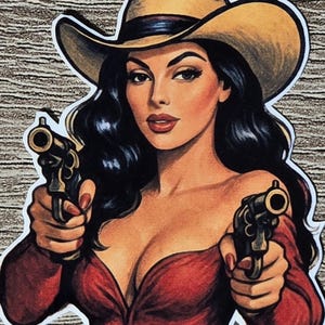 Stick 'Em Up Cowgirl Pinup Sticker | Vintage Western Cowgirl Decal | Retro Pin Up Cowboy Art | Rodeo, Ranch, Americana Sticker
