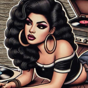 May include: A sticker featuring a stylized illustration of a woman with large hoop earrings, dark hair, and a black top, reclining near vinyl records and a vintage record player. The artwork has a retro aesthetic.