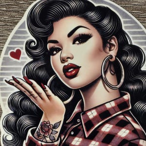 Op de afbeelding: Een sticker met een gestileerde illustratie van een vrouw die een kus blaast. Ze heeft donker haar, rode lippenstift en een rosentattoo. De vrouw draagt een rood-zwart geruit overhemd en grote oorringen. Een rood hart staat op de achtergrond.