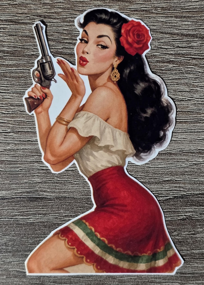May include: A vintage-style sticker featuring a woman with dark hair and a red rose, blowing a kiss. She wears a white off-the-shoulder top and a red skirt with a green and white stripe. She holds a revolver.