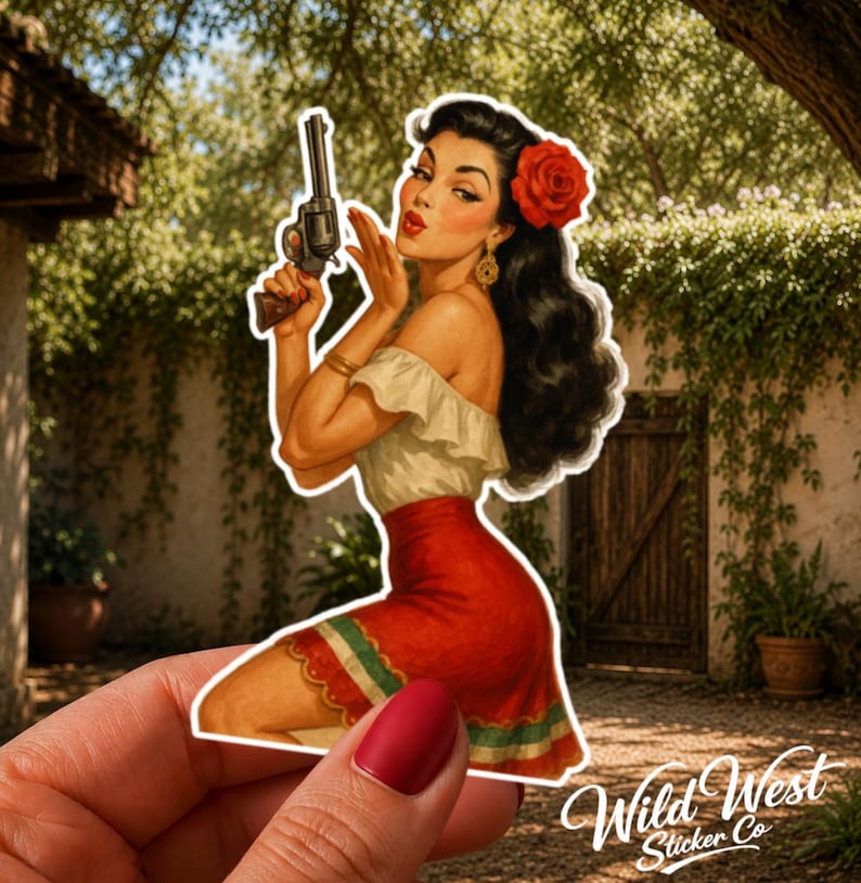 Vintage Western pinup beauty sticker featuring a retro bombshell blowing a kiss while holding a classic revolver. High-quality die-cut vinyl decal shown in a woman's hand with a rustic hacienda background. pin-up sticker, pin up sticker, mexican pinup sticker, latina sticker, gun rights sticker, 2nd amendment sticker, gun safe sticker, tool box sticker, sexy pin up sticker, southwest sticker, journal sticker, notebook sticker, pistol sticker, ranch sticker, gift sticker, toolbox sticker