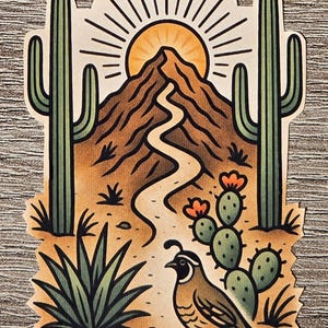 May include: A desert-themed sticker featuring a mountain, sun, and cacti. A winding path leads to the mountain, with a quail bird in the foreground. The color palette includes shades of brown, green, and orange.