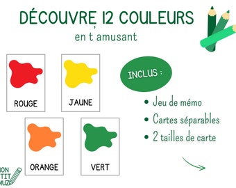 May include: A colorful educational game for kids featuring 12 colors. The game includes a set of cards with different colors and a memo game. The text on the image reads "DÉCOUVRE 12 COULEURS en t amusant" and "INCLUS: Jeu de mémo, Cartes séparables, 2 tailles de carte".