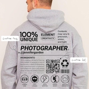 Felpa con cappuccio personalizzata per fotografo con codice QR: abbigliamento unisex per amanti della fotografia