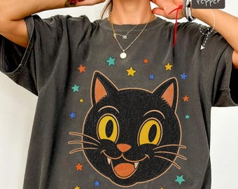 Retro 90s Black Cat T-Shirt, Vintage Halloween Style Tee