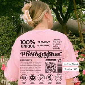 Personalized Photographer Unisex T-Shirt, Custom Name & QR Code Tee, Photography Gift, Photographer Crew Apparel, Gift for Camera Lover
