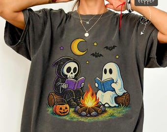 Funny Ghosts Camping Halloween Shirt, Spooky Bookworm Reading Gift