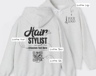 Custom Hairstylist Hoodie with Logo and QR Code, Salon Crew Tee for Hairdressers
