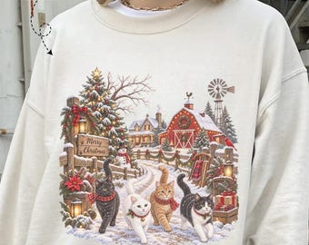 Retro 90s Christmas Cats Sweatshirt, Winter Farmhouse Tee
