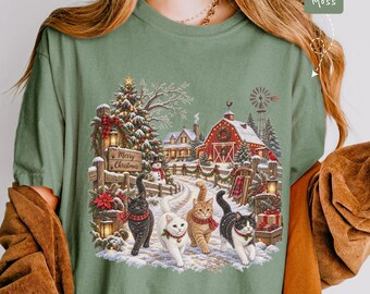Retro 90s Christmas Cats Shirt, Winter Farmhouse Tee